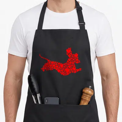 Dog valentine's day apron - Dachshund silhouette formed by red hearts, minimalist style — shown on a black cotton canvas apron against a white background