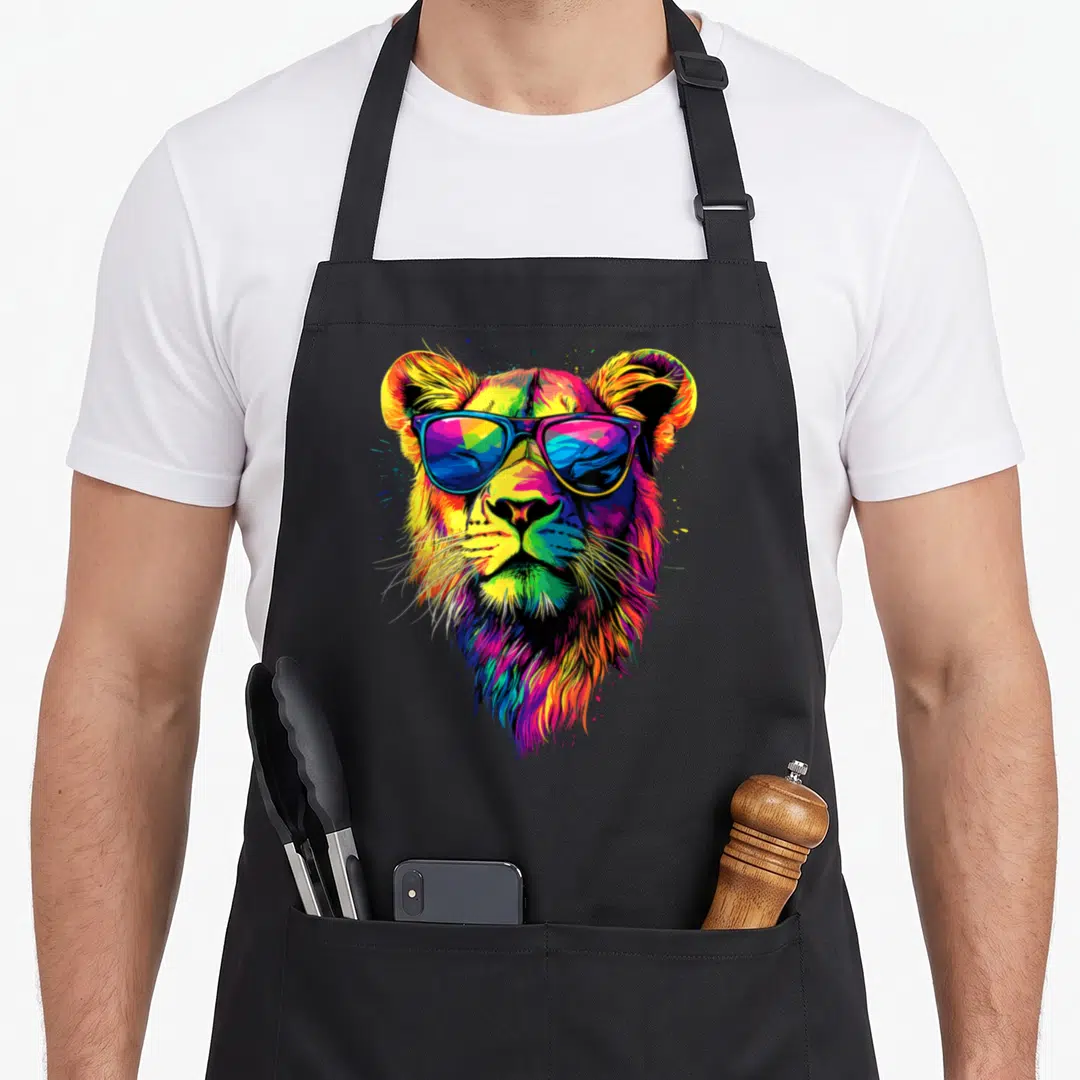 Lioness lion apron - Multicolored cartoon lion head wearing blue and purple sunglasses — shown on a black cotton canvas apron against a white background