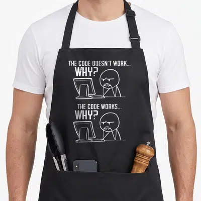 Programmer code coder apron - White text THE CODE DOESN'T WORK WHY and THE CODE WORKS WHY above two identical cartoon — shown on a black cotton canvas apron against a white background