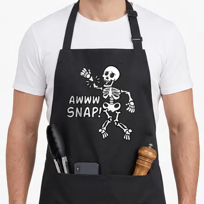 Snap skeleton apron - Cartoon skeleton holding broken bone with AWWW SNAP text — shown on a black cotton canvas apron against a white background