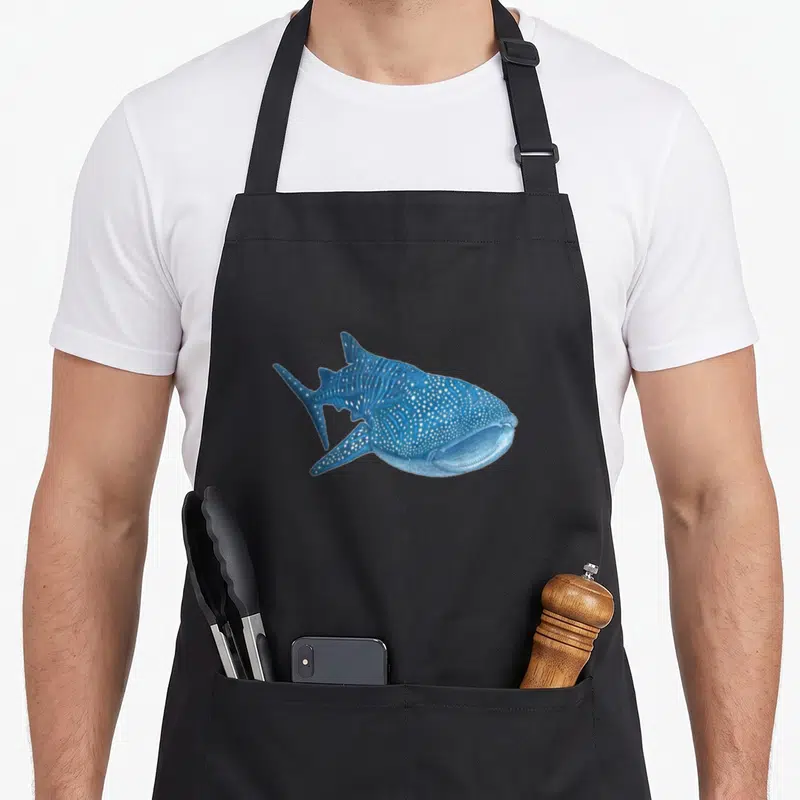 Whale snorkeling apron - Blue whale shark with white spots swimming right — shown on a black cotton canvas apron against a white background