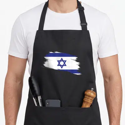 Symbol jewish apron - Blue and white Israeli flag painted as a horizontal brush stroke with a central Star of David — shown on a black cotton canvas apron against a white background