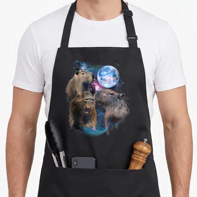Moon animal apron - Three capybara heads surrounding a blue moon and purple nebula background — shown on a black cotton canvas apron against a white background