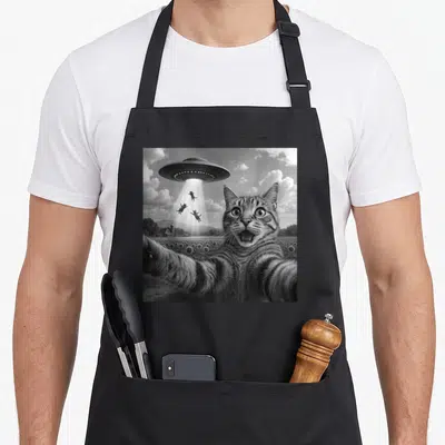 Alien funny cat apron - Black and white cat selfie with UFO abducting three cats over sunflowers — shown on a black cotton canvas apron against a white background