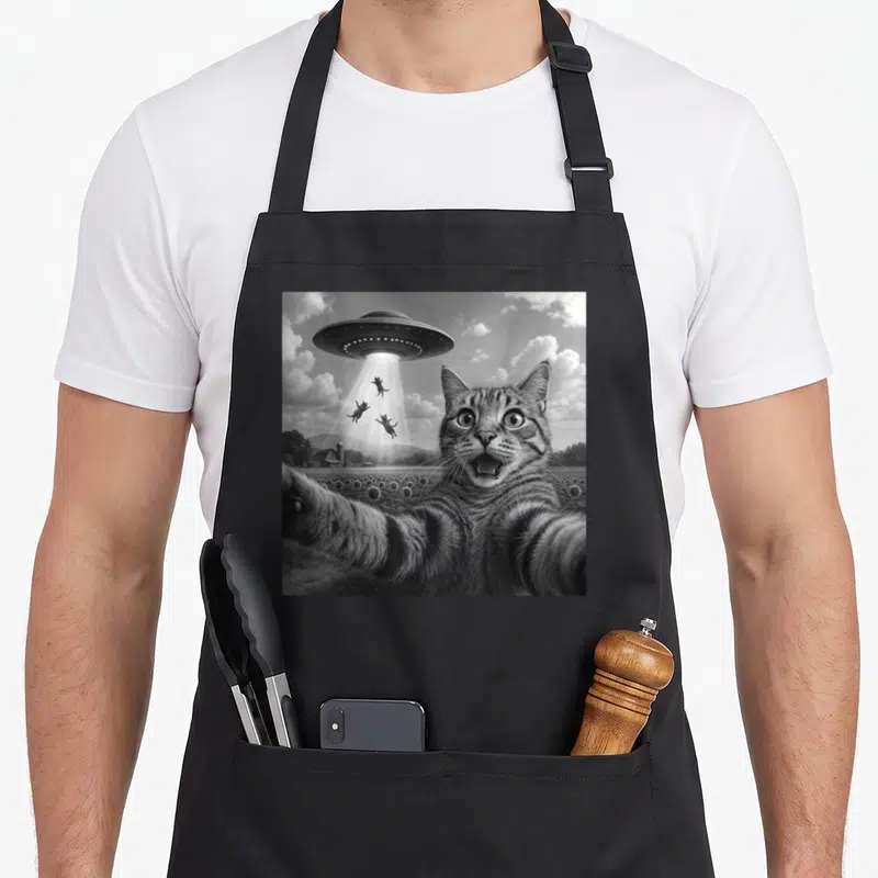 Alien funny cat apron - Black and white cat selfie with UFO abducting three cats over sunflowers — shown on a black cotton canvas apron against a white background