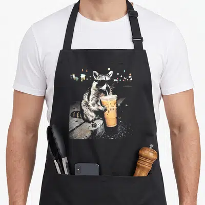 Drinking coffee apron - Raccoon holding iced coffee cup with straw against blurred city lights — shown on a black cotton canvas apron against a white background