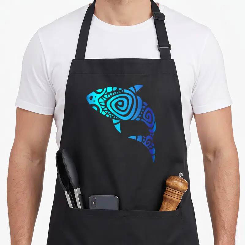 Hawaii funny hustler apron - Cyan and blue Polynesian tribal shark silhouette with spiral patterns — shown on a black cotton canvas apron against a white background