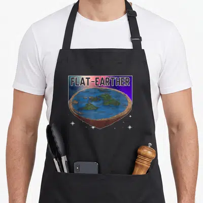 Planet earther apron - Flat-Earther text above disc Earth illustration with space background and stars — shown on a black cotton canvas apron against a white background