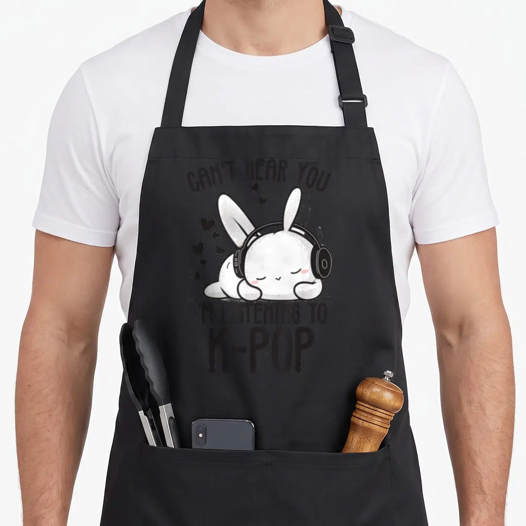 Hear rabbit apron - Cartoon white rabbit with headphones and text Can't Hear You I'm Listening to K-Pop — shown on a black cotton canvas apron against a white background