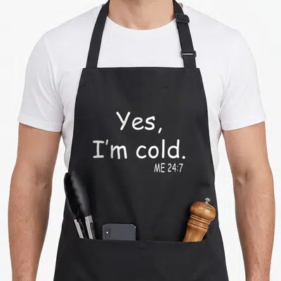 Funny cold apron - White stacked text reading Yes I'm cold ME 24 7 on grey background — shown on a black cotton canvas apron against a white background