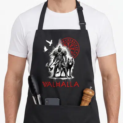 Valhalla ravens aprons - Distressed viking warrior with wolf, flying ravens, red runic circle, and VALHALLA text — shown on a black cotton canvas apron against a white background