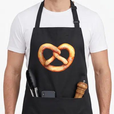 Funny pretzels apron - Realistic brown and yellow pretzel with white salt crystals on black bib apron — shown on a black cotton canvas apron against a white background