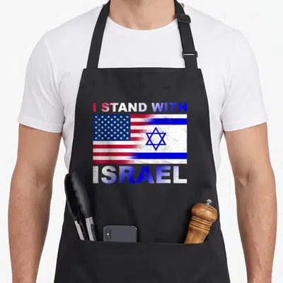 Israel palestinian apron - I STAND WITH ISRAEL text above blended US and Israel flags in distressed red white blue print — shown on a black cotton canvas apron against a white background