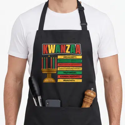 Candle african american aprons - Kwanzaa kinara with seven candles and seven principles listed on colored bars in red — shown on a black cotton canvas apron against a white background