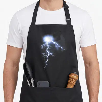 Strike thunder apron - Realistic blue and white lightning bolt striking downwards from a glowing cloud center on a dark — shown on a black cotton canvas apron against a white background
