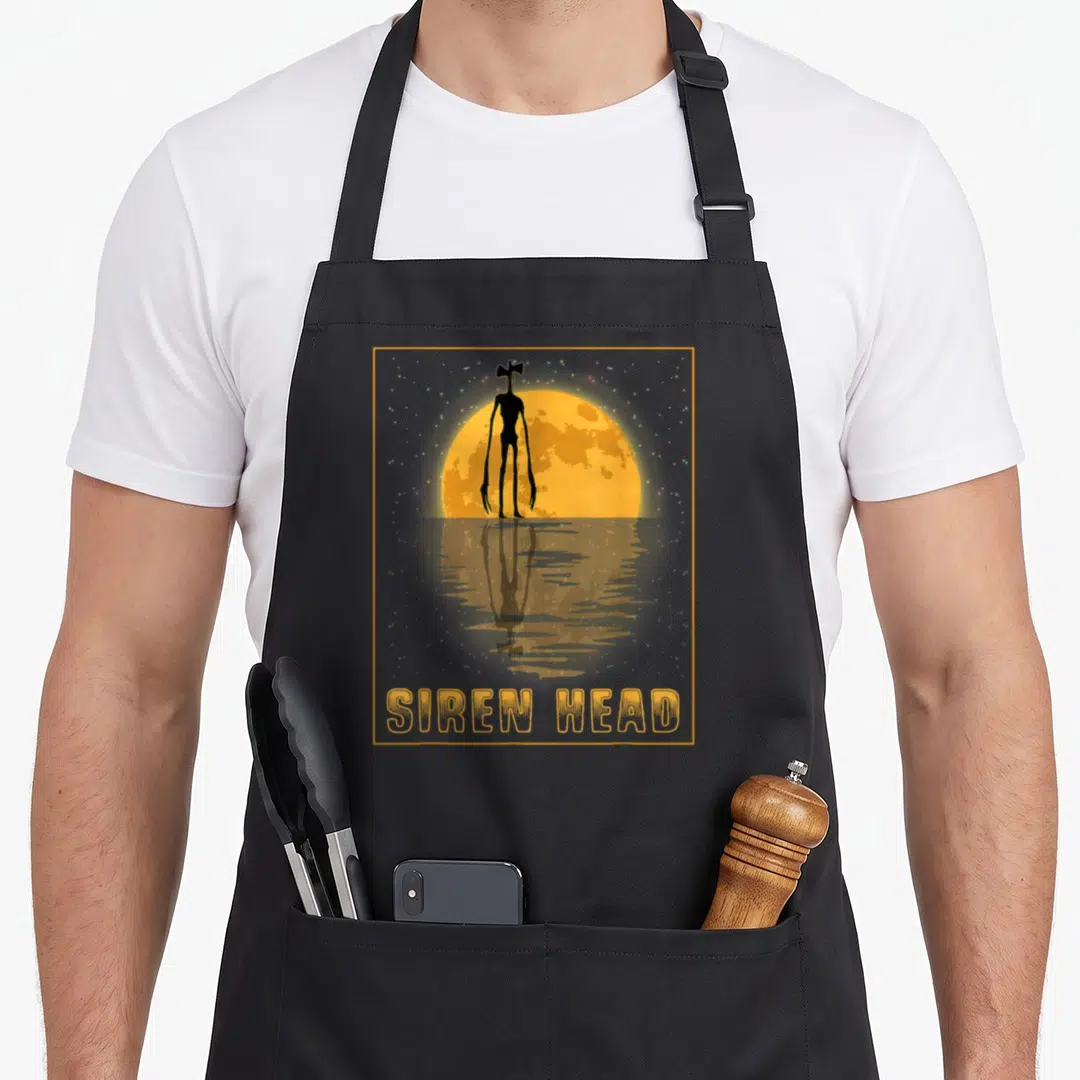 Siren folk lover apron - Siren Head silhouette against yellow moon with reflection and text SIREN HEAD — shown on a black cotton canvas apron against a white background