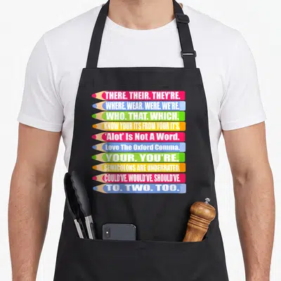 Their spelling of apron - Ten stacked pencils in red blue green yellow white with grammar rules text — shown on a black cotton canvas apron against a white background