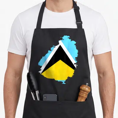 Funny saint lucia apron - Map silhouette of Saint Lucia filled with blue yellow black and white flag pattern — shown on a black cotton canvas apron against a white background
