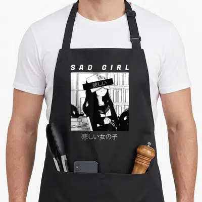 Sad anime apron - SAD GIRL text above manga girl hiding eyes with book and Japanese characters — shown on a black cotton canvas apron against a white background