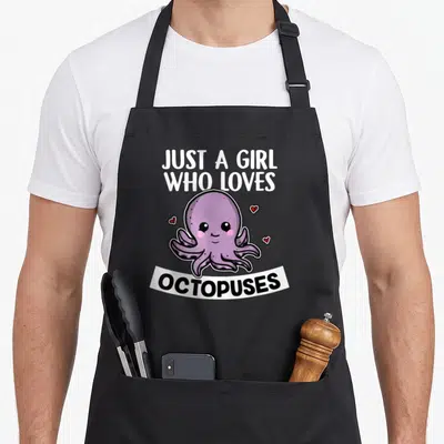 Octopuse crazy octopus man apron - Purple cartoon octopus with white banner text and three small red hearts — shown on a black cotton canvas apron against a white background