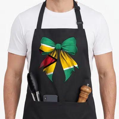 Coquette pride apron - Cartoon bow shaped like Guyana flag in green yellow black and white — shown on a black cotton canvas apron against a white background