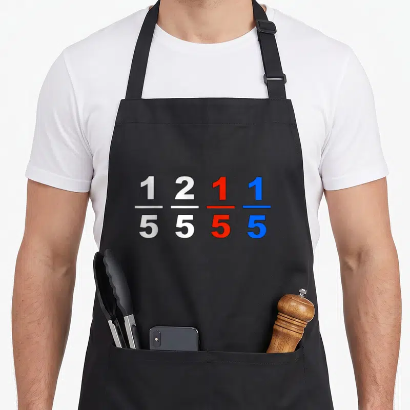 Fifth study humor apron - Four fractions 1/5 2/5 1/5 1/5 in white red and blue side-by-side — shown on a black cotton canvas apron against a white background