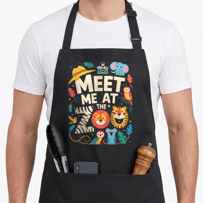 Meet zookeeper apron - Cartoon elephants tigers and camera surrounding stacked text MEET ME AT THE ZOO — shown on a black cotton canvas apron against a white background