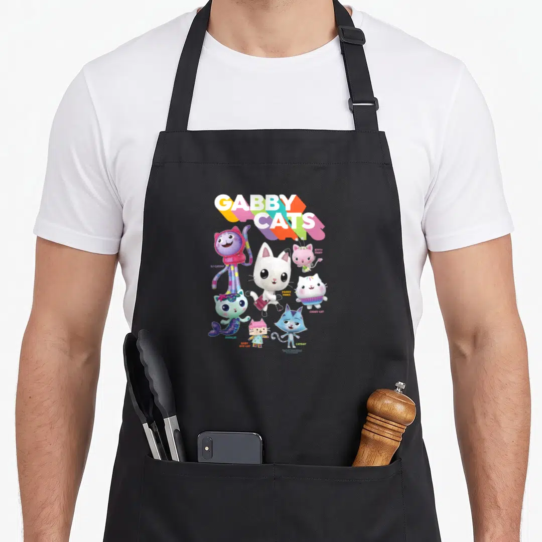 Gabby cat apron - Eight cartoon cats with names like Pandy Paws and Catrat under GABBY CATS title — shown on a black cotton canvas apron against a white background
