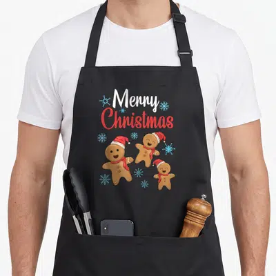 Xmas women's christmas aprons - Merry Christmas text above three gingerbread men in red hats and scarves with blue — shown on a black cotton canvas apron against a white background