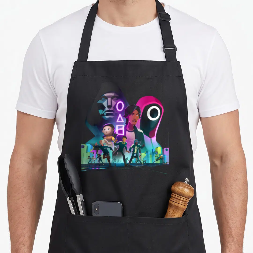 Unleashed squid apron - Cartoon collage of running characters and neon geometric symbols against a stylized city — shown on a black cotton canvas apron against a white background