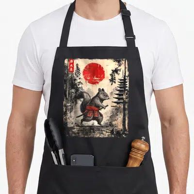 Samurai squirrel aprons - Distressed squirrel in red samurai armor with red sun and pagoda — shown on a black cotton canvas apron against a white background