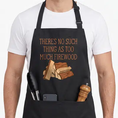 Lumberjack woodworking apron - Cartoon stack of brown and tan logs below orange text reading THERE'S NO SUCH THING AS — shown on a black cotton canvas apron against a white background