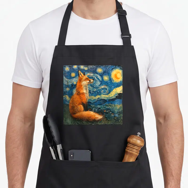 Fox van gogh apron - Orange fox facing right in swirling blue night sky with yellow moon and stars over village — shown on a black cotton canvas apron against a white background