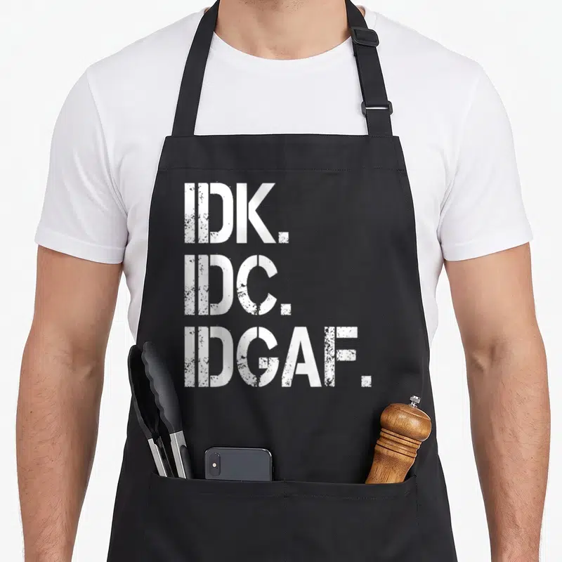 Idk idc idgaf apron - Three lines of white distressed text reading IDK IDC IDGAF — shown on a black cotton canvas apron against a white background