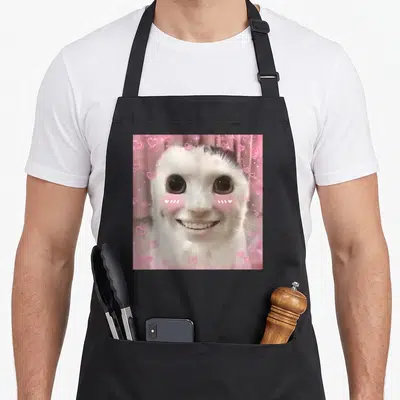Ahh banana apron - White cat head centered among scattered pink hearts on a pink background — shown on a black cotton canvas apron against a white background