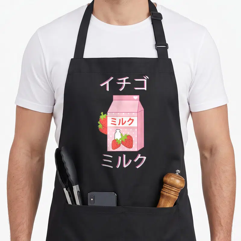 Milkshake milk aprons - Pink milk carton with red strawberries, white bottle, and Japanese text in cartoon style — shown on a black cotton canvas apron against a white background