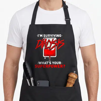Surviving rummy apron - I'M SURVIVING DIALYSIS WHAT'S YOUR SUPERPOWER text over medical bag graphic — shown on a black cotton canvas apron against a white background