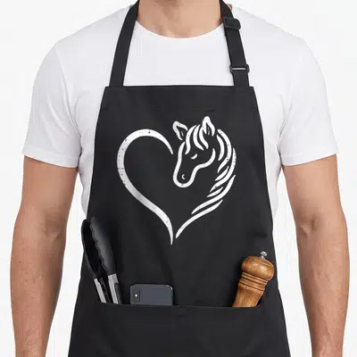 Cool equestrian horse apron - White line art heart shape formed by a single continuous line integrating a horse head — shown on a black cotton canvas apron against a white background