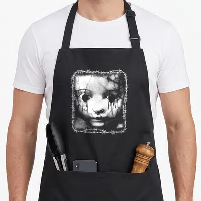 Wire goth apron - Distressed white face with dripping eyes inside barbed wire square frame — shown on a black cotton canvas apron against a white background