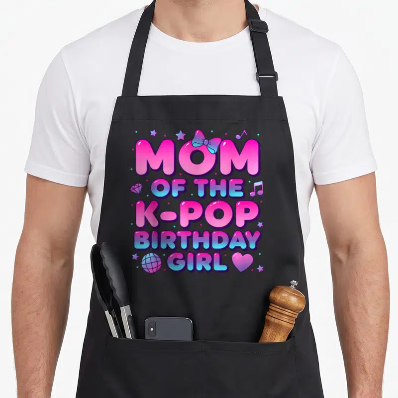Vintage pop korean apron - Gradient text MOM OF THE K-POP BIRTHDAY GIRL with bow, stars, and disco ball — shown on a black cotton canvas apron against a white background