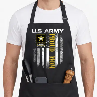 Army american flag apron - U.S ARMY PROUD MOM text with star logo and distressed white flag stripes — shown on a black cotton canvas apron against a white background