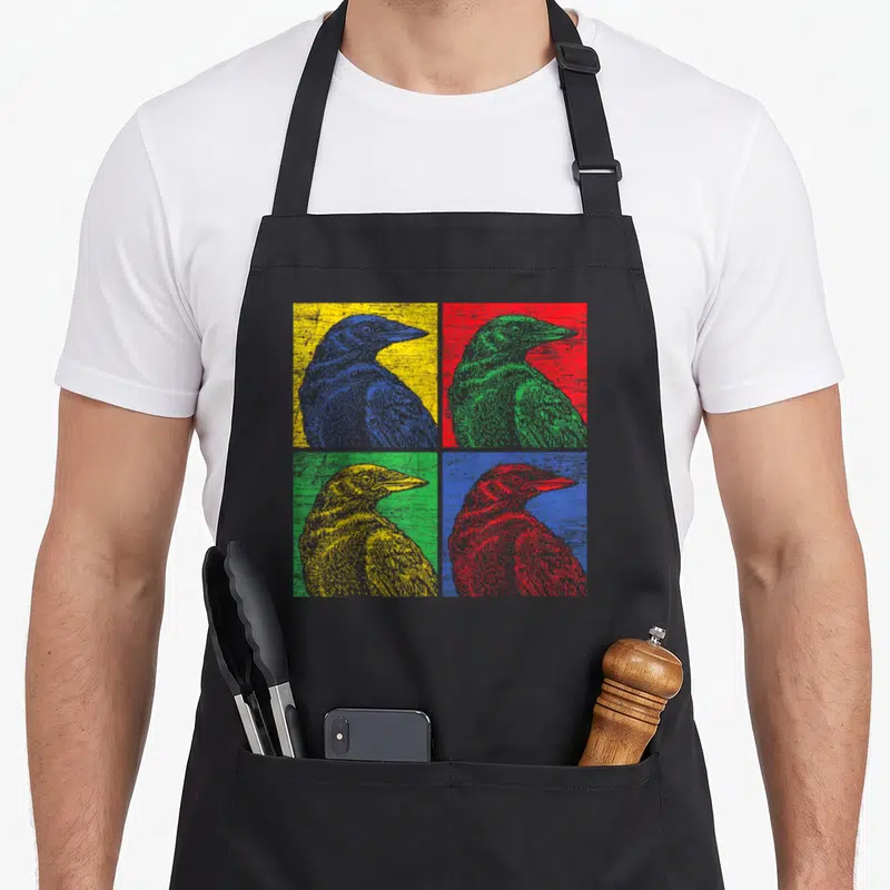 Pop bird apron - Four pop art crow profiles in yellow red green and blue grid pattern — shown on a black cotton canvas apron against a white background