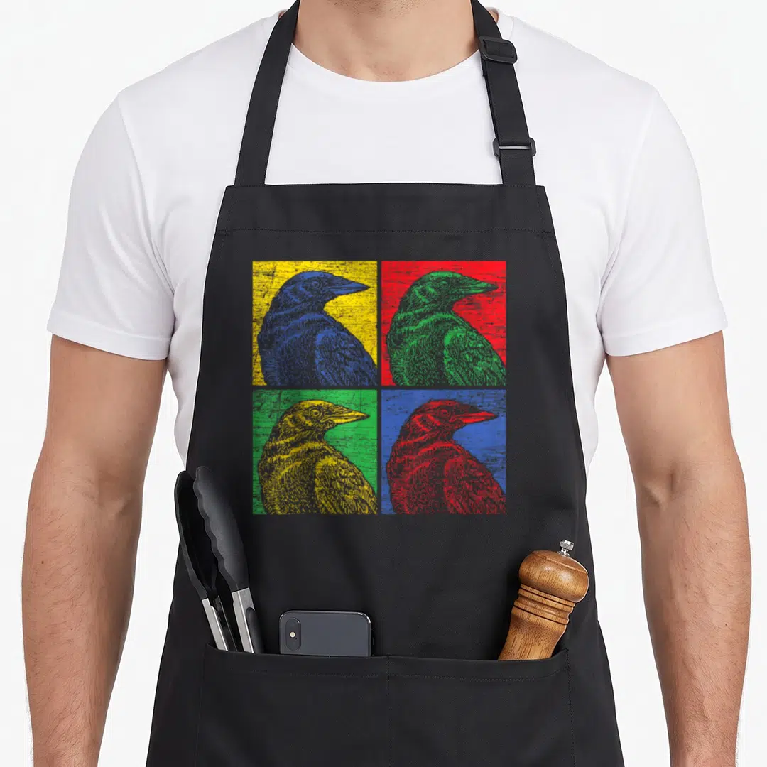 Pop bird apron - Four pop art crow profiles in yellow red green and blue grid pattern — shown on a black cotton canvas apron against a white background