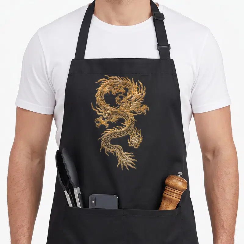Culture asian apron - Realistic gold dragon in vertical winding pose with scales and claws — shown on a black cotton canvas apron against a white background