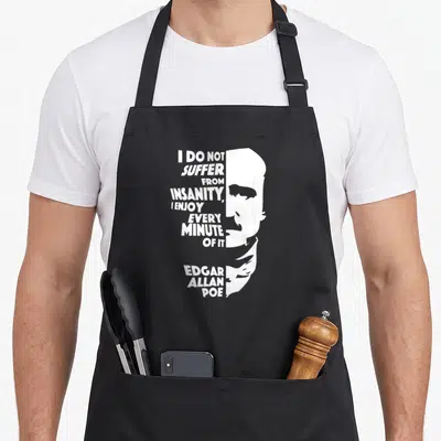 Suffer edgar award apron - White stacked text quote next to minimalist silhouette of Edgar Allan Poe face profile — shown on a black cotton canvas apron against a white background