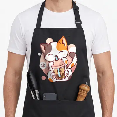 Cat kawaii apron - Cartoon calico cat holding bubble tea cup with straw surrounded by pink and white circles — shown on a black cotton canvas apron against a white background