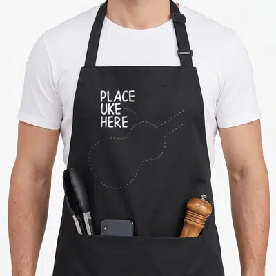 Accessory ukulele apron - White stacked text reading PLACE UKE HERE next to a dashed ukulele outline — shown on a black cotton canvas apron against a white background