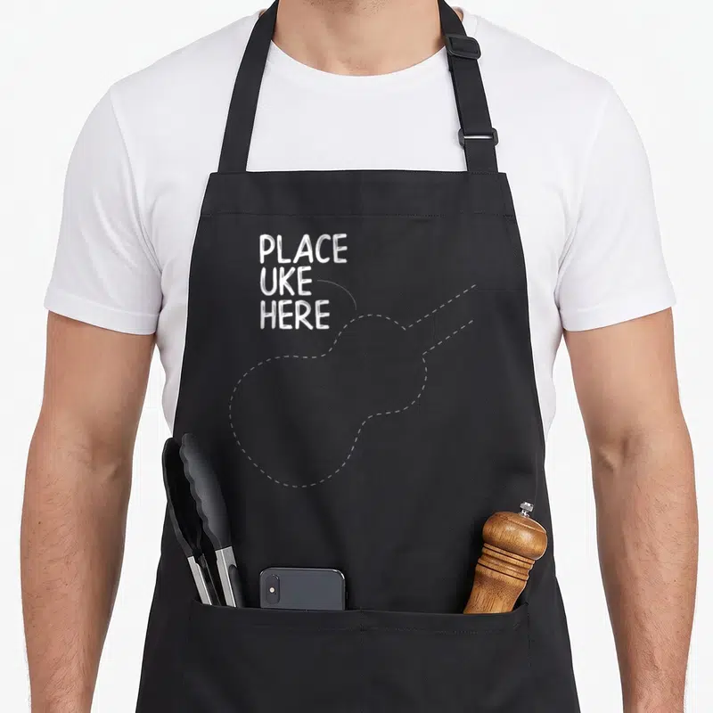 Accessory ukulele apron - White stacked text reading PLACE UKE HERE next to a dashed ukulele outline — shown on a black cotton canvas apron against a white background