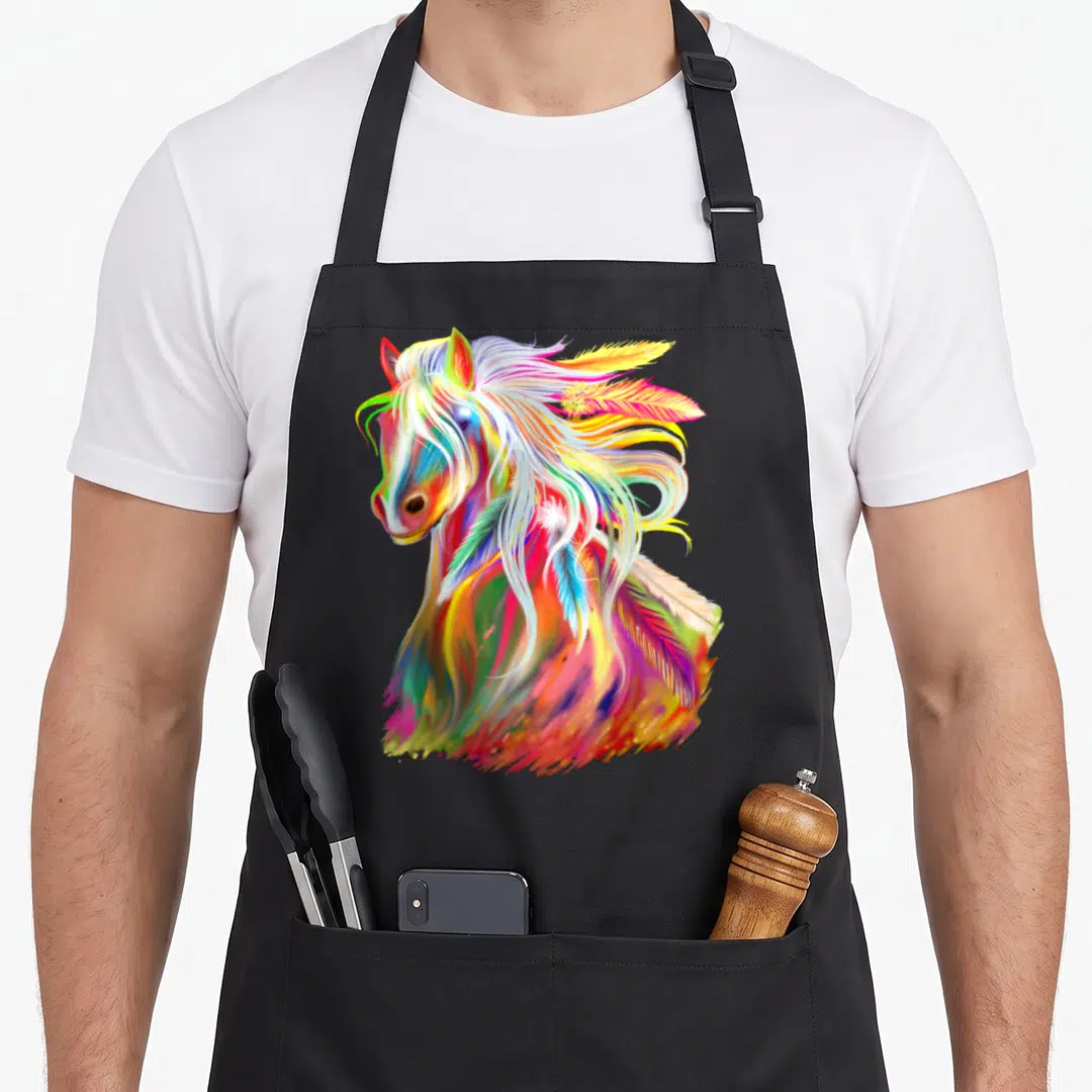 Watercolor horse apron - Rainbow watercolor horse head with feathers in mane using red blue yellow pink and green — shown on a black cotton canvas apron against a white background
