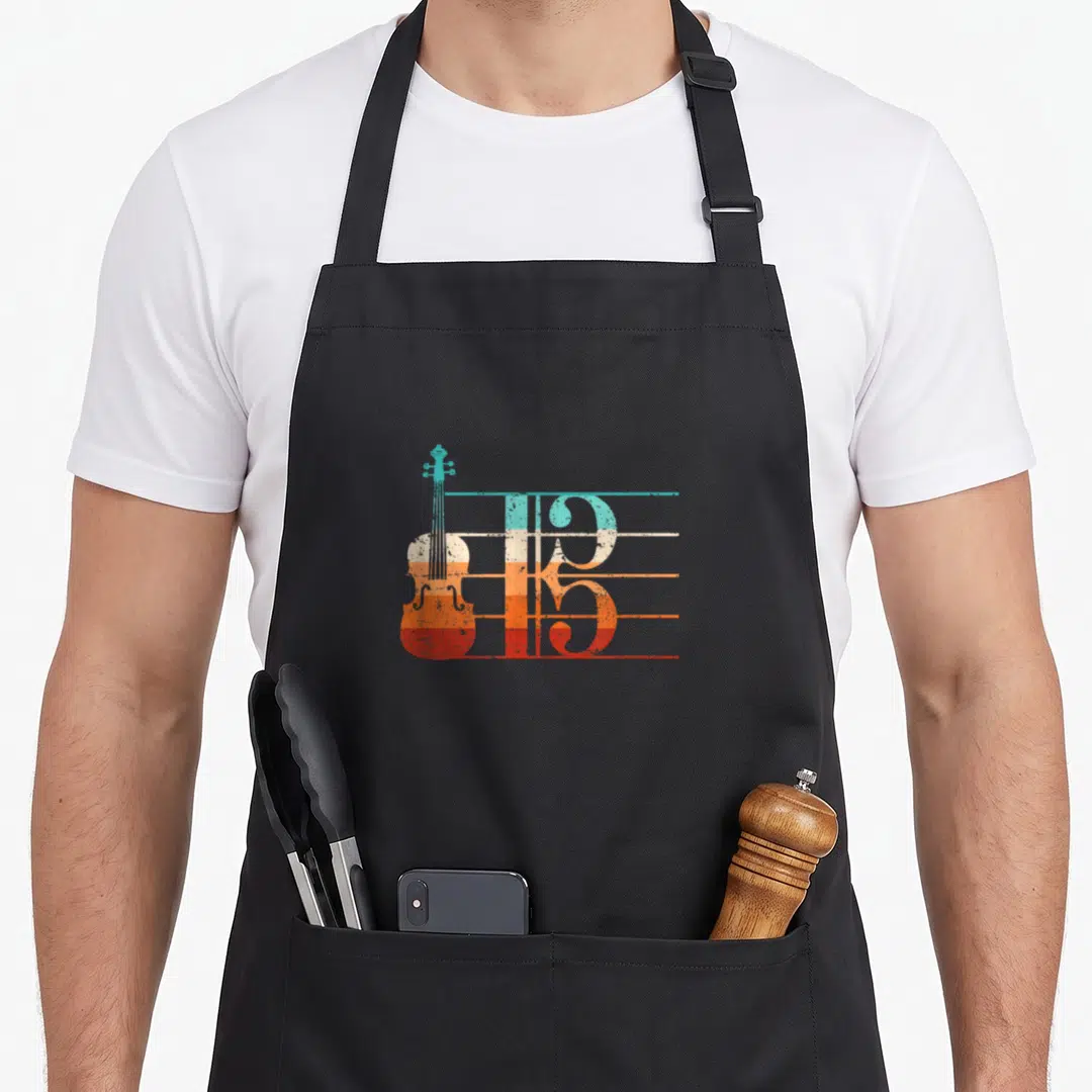 Player alto apron - Distressed violin and staff lines in teal, beige, orange, and red — shown on a black cotton canvas apron against a white background